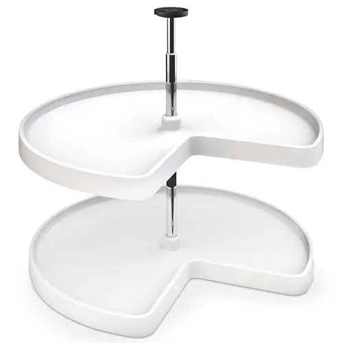 Rev-A-Shelf 28" Kidney Shaped Dual Tier Lazy Susan Organizer for Corner Base Kitchen Cabinets, Plastic Home Storage Shelves, 28" W x 22.5" D x 26" H, White, 3472-28-11-52